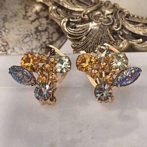 JULIANA Vintage Rainbow Yellow Rhinestone Purple Lava Rock Rhinestone Clip Ons.